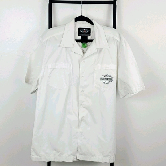 Harley Davidson white cotton shirt buttons up embroider men size L - Picture 1 of 7